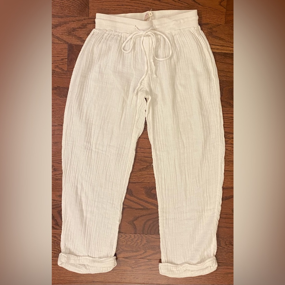 Pink Lotus Pants Sz XS White Elastic Drawstring Waist USA Cotton Cuffed Hem